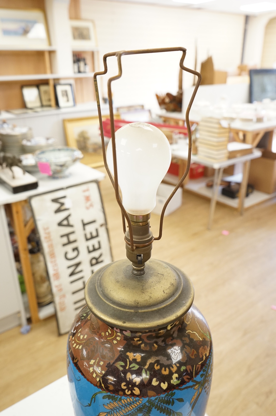 A large Japanese cloisonné enamel vase, Meiji period, converted to a table lamp, 44cm high excluding the fitting